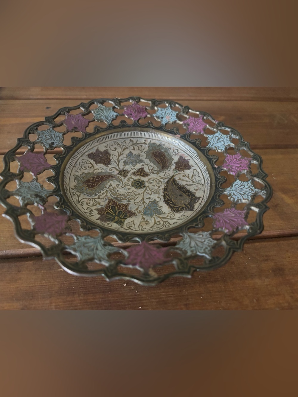 VINTAGE Brass Enamel Floral Pedestal Trinkets Dish Jali Cutout Scallop Rim